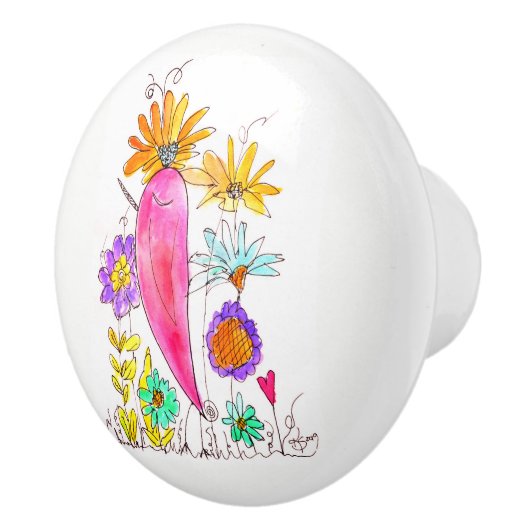 Whimsical Bird Flowers en Heart Door Knob Keramische Knop (Rechts)