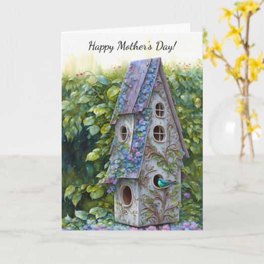 Whimsical Bird House Bird Moederdag Kaart (Gele Bloem)