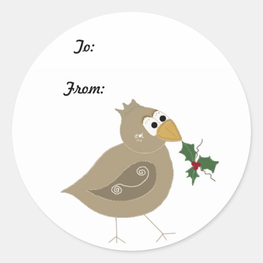 Whimsical Bird met een Sprig Holly Ronde Sticker (Voorkant)
