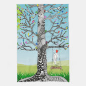 Whimsical Bird on a Tree Swing Keukenhanddoek (Verticaal)