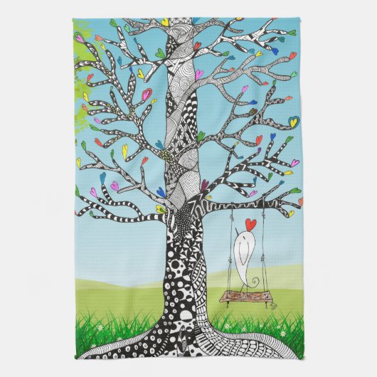 Whimsical Bird on a Tree Swing Keukenhanddoek (Verticaal)