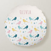 Whimsical Bird Pattern Personalized Pink & Teal Rond Kussen (Voorkant)