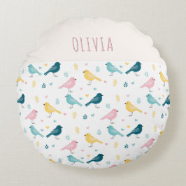 Whimsical Bird Pattern Personalized Pink & Teal Rond Kussen