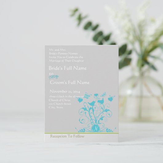 Whimsical Bird Swirl Wedding Uitnodiging Briefkaart (Staand voorkant)