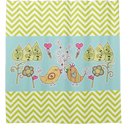 Whimsical Birds and Flowers Chevron Stripe Douchegordijn (Voorkant)