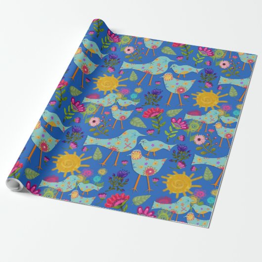 Whimsical Birds and Flowers Sunshine Day Cadeaupapier (Uitgerold)