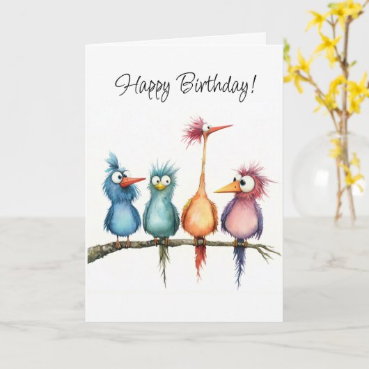 Whimsical Birds Group Gelukkige Verjaardag Groet Kaart (Gele Bloem)