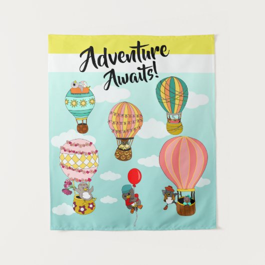 Whimsical Birds hete luchtballonnen avontuur wacht Wandkleed (Voorkant)