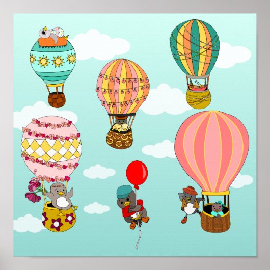 Whimsical Birds in Hot Air Balloons Illustratie Poster (Voorkant)