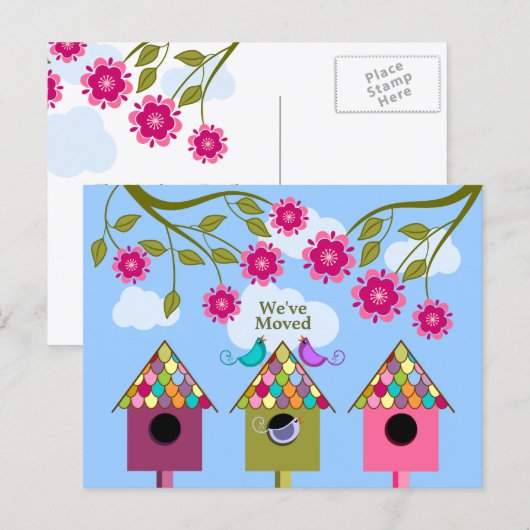 Whimsical Birds Moving aangekondigd Aankondigingskaart (Voorkant / Achterkant)
