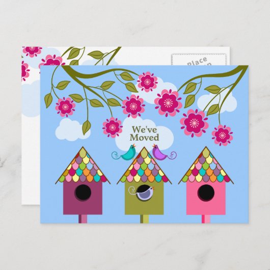 Whimsical Birds Moving aangekondigd Aankondigingskaart (Voorkant / Achterkant)