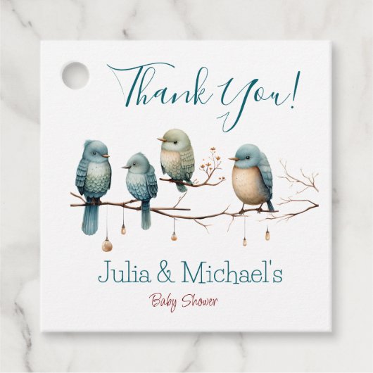 Whimsical Birds on Branches Pastel Baby shower Bedankjes Labels (Voorkant)