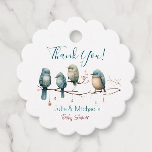 Whimsical Birds on Branches Pastel Baby shower Bedankjes Labels (Voorkant)