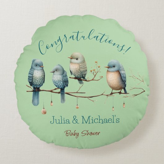 Whimsical Birds on Branches Pastel Baby shower Rond Kussen (Voorkant)