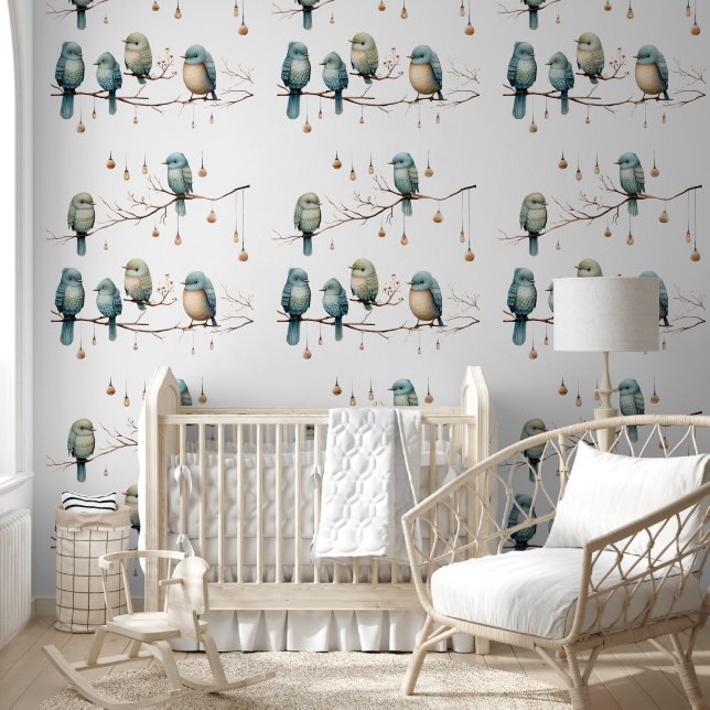 Whimsical Birds on Branches  Stijl Behang (Kinderen)