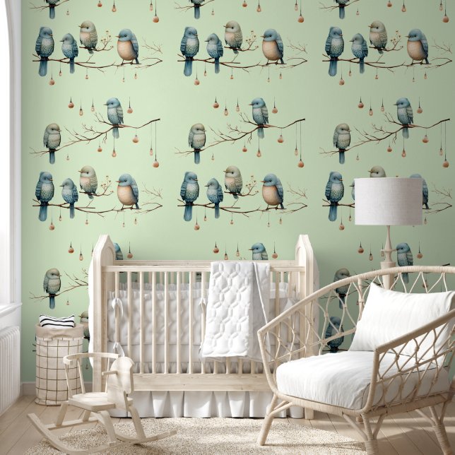 Whimsical Birds on Branches  Stijl Behang (Kinderen)