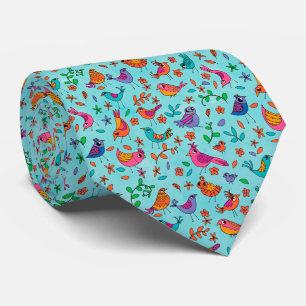 Whimsical Birds op Blauw Patroon Stropdas