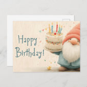 Whimsical Birthday Greeting: Gnome Holding a Cake Briefkaart (Voorkant / Achterkant)