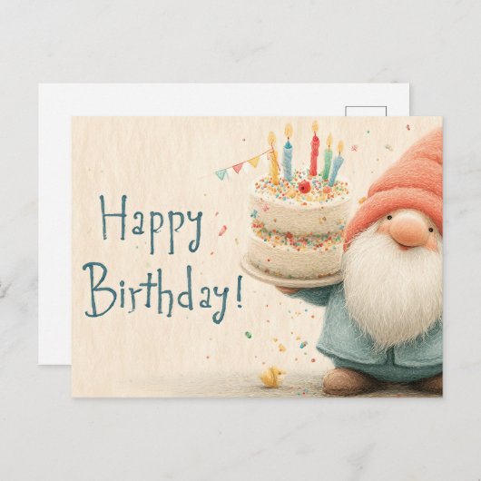 Whimsical Birthday Greeting: Gnome Holding a Cake Briefkaart (Voorkant / Achterkant)