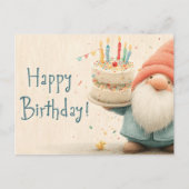 Whimsical Birthday Greeting: Gnome Holding a Cake Briefkaart (Voorkant)