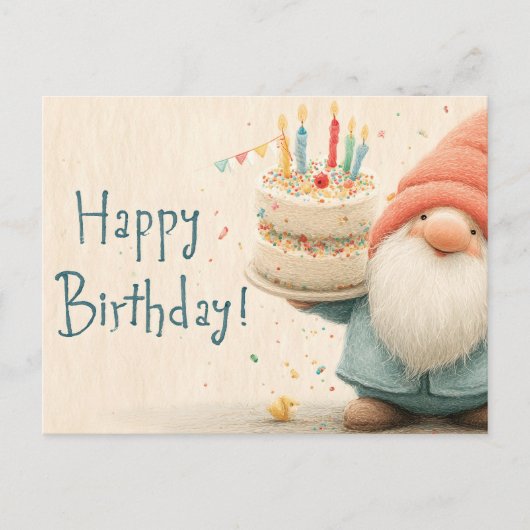 Whimsical Birthday Greeting: Gnome Holding a Cake Briefkaart (Voorkant)