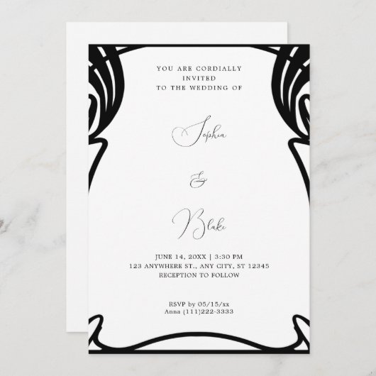Whimsical Black and White Art Deco Wedding Kaart (Voorkant / Achterkant)