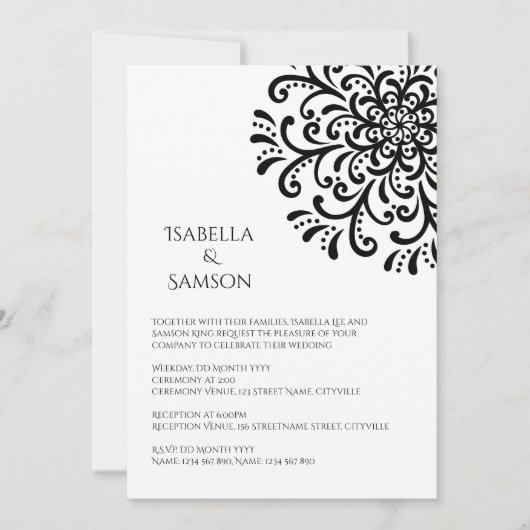 Whimsical Black and white Flourish Wedding Kaart (Voorkant)