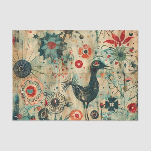 Whimsical Black Bird met bloemen en doedels Tissuepapier (Voorkant)
