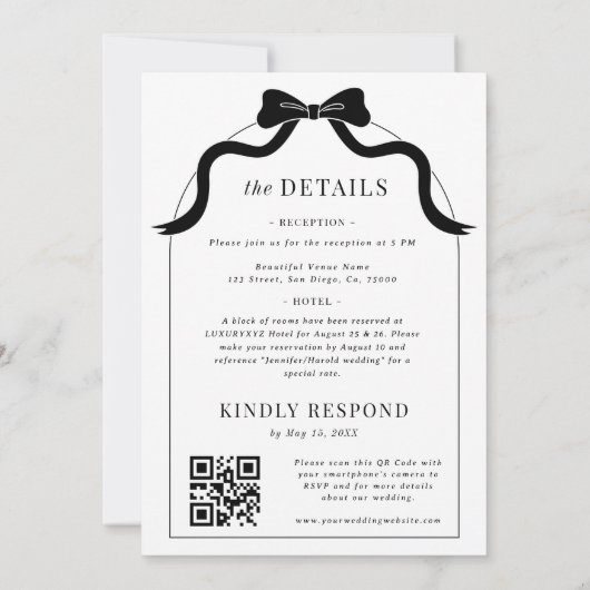 Whimsical Black Bow Frans Alles in een boog bruilo Kaart (Achterkant)