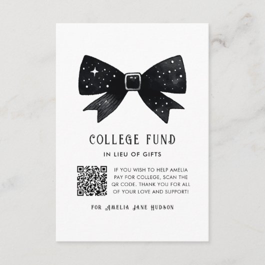 Whimsical Black Bow QR Code College Fund Informatiekaartje (Voorkant)