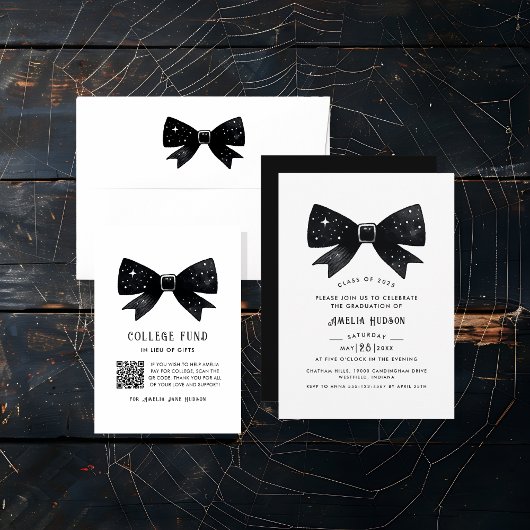 Whimsical Black Bow QR Code College Fund Informatiekaartje