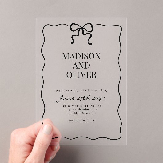 Whimsical Black Bow Tie Wedding Acryl Uitnodigingen (Insitu (Draagbaar))