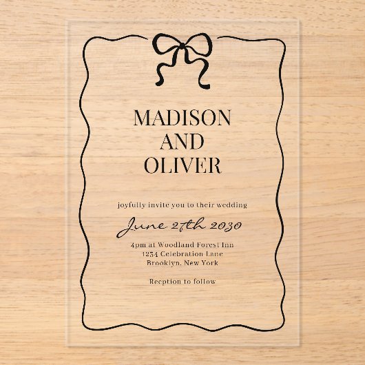 Whimsical Black Bow Tie Wedding Acryl Uitnodigingen (Voorkant)