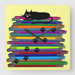 Whimsical Black Cat and Books Clock Vierkante Klok
