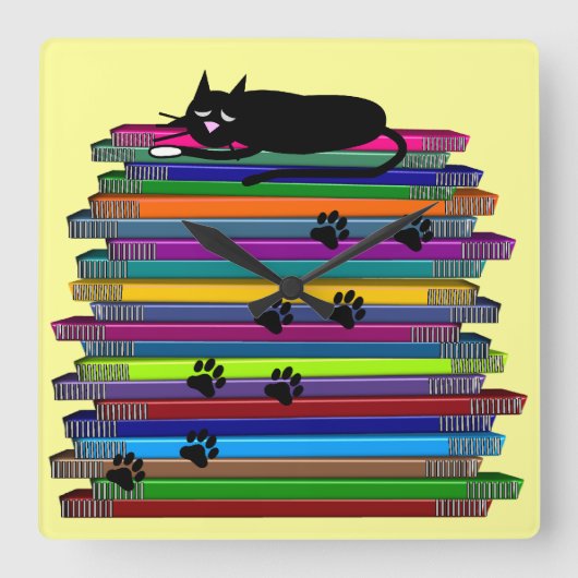 Whimsical Black Cat and Books Clock Vierkante Klok (Voorkant)
