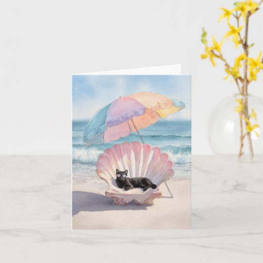 Whimsical Black Cat Beach Kaart (Gele Bloem)