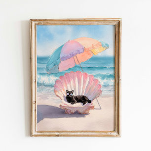 Whimsical Black Cat Beach Print: Seashell Stoel Poster