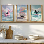 Whimsical Black Cat Beach Print Set: Strandleven Muurkunst Sets