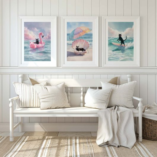 Whimsical Black Cat Beach Print Set: Strandleven Muurkunst Sets