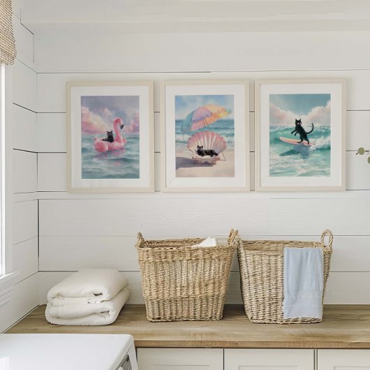 Whimsical Black Cat Beach Print Set: Strandleven Muurkunst Sets