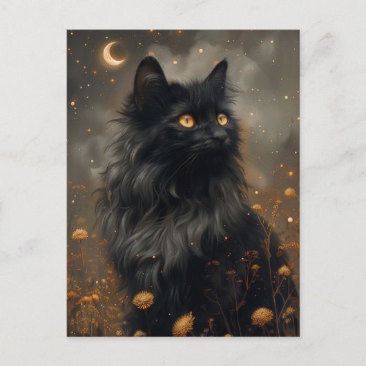 Whimsical Black Cat & betoverde paardenbloemen Briefkaart (Voorkant)