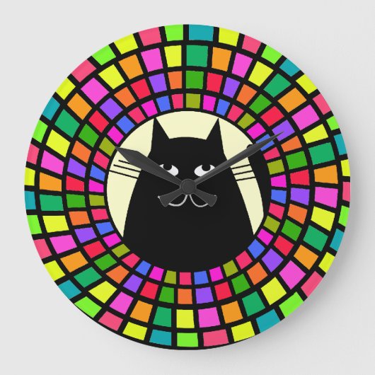 Whimsical Black Cat Clock Mosaic Style Art 2 Grote Klok (Voorkant)