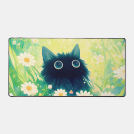 Whimsical Black Cat Daisy Meadow Teal Sky Bureaumat