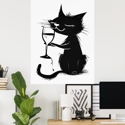 Whimsical Black Cat Drink Wine 2D Poster (Thuiskantoor)