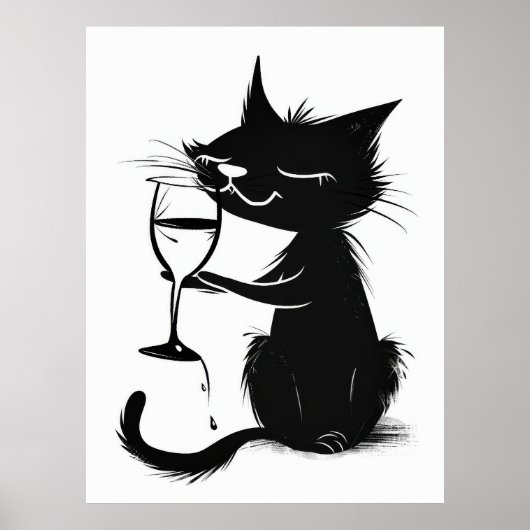 Whimsical Black Cat Drink Wine 2D Poster (Voorkant)