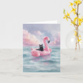 Whimsical Black Cat Flamingo Float Kaart (Gele Bloem)