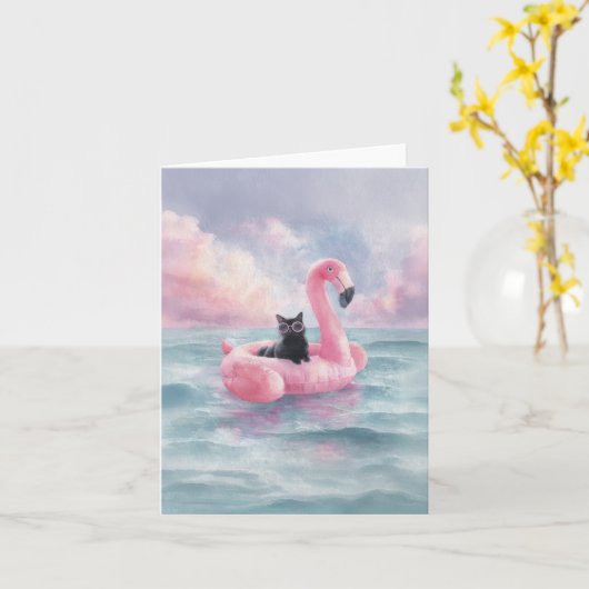 Whimsical Black Cat Flamingo Float Kaart (Gele Bloem)