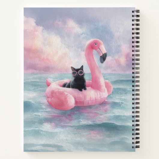 Whimsical Black Cat Flamingo Float Notitieboek (Achterkant)