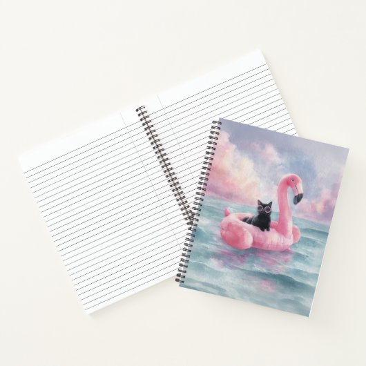 Whimsical Black Cat Flamingo Float Notitieboek (Binnen)
