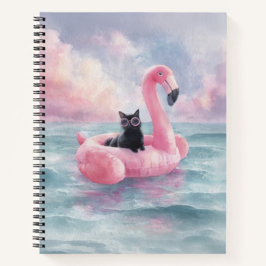 Whimsical Black Cat Flamingo Float Notitieboek (Voorkant)
